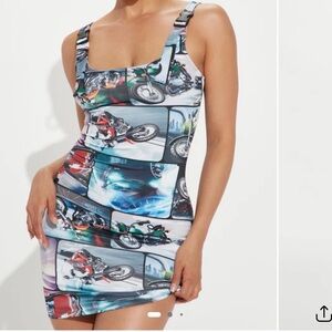 Fashion Nova Motorcycle Graphic Mini Dress | Buckle Strap Bodycon | Multi Color